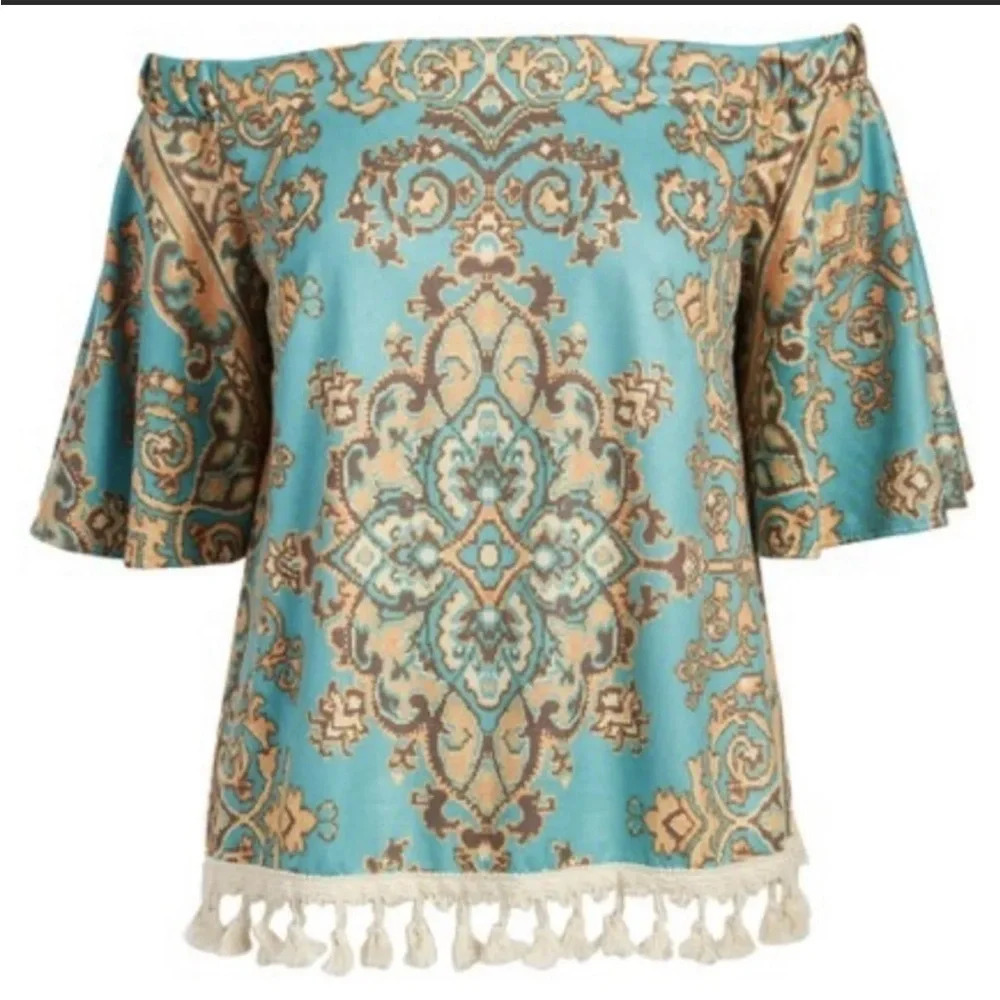 Anthropologie JUDITH MARCH Jade Bohemian Tassel Trim Off Shoulder Blouse Size S